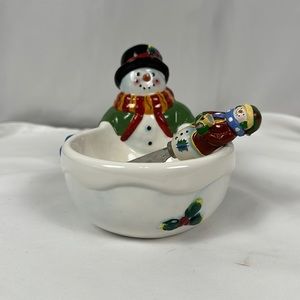 VINTAGE 2002 SUSAN WINGET BOSTON WAREHOUSE CERAMIC SNOWMAN DIP BOWL/SPREADER